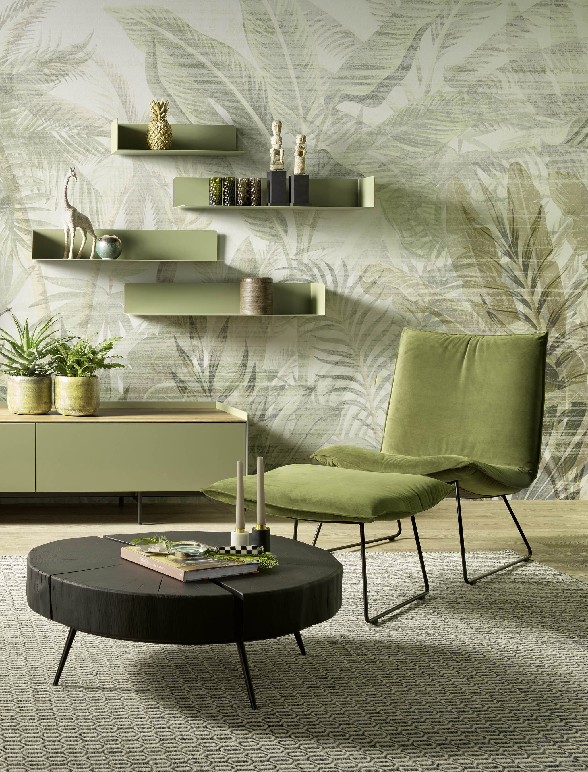 Lounge Sessel LS43 mit breitem Wulst und Ottomane OT43 mit breitem Wulst in Stoff Seven turtle 88